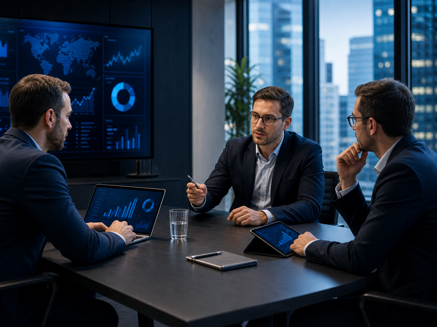 Business IT consulting meeting with technology planning dashboards