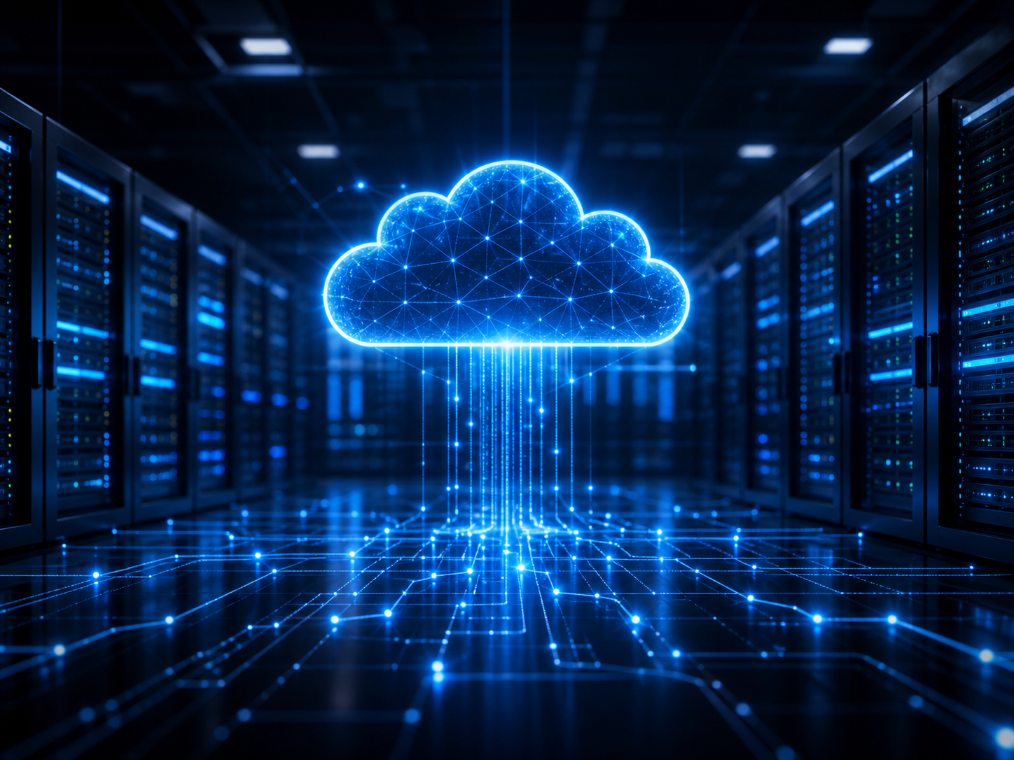Cloud infrastructure visual with data center and connected cloud systems