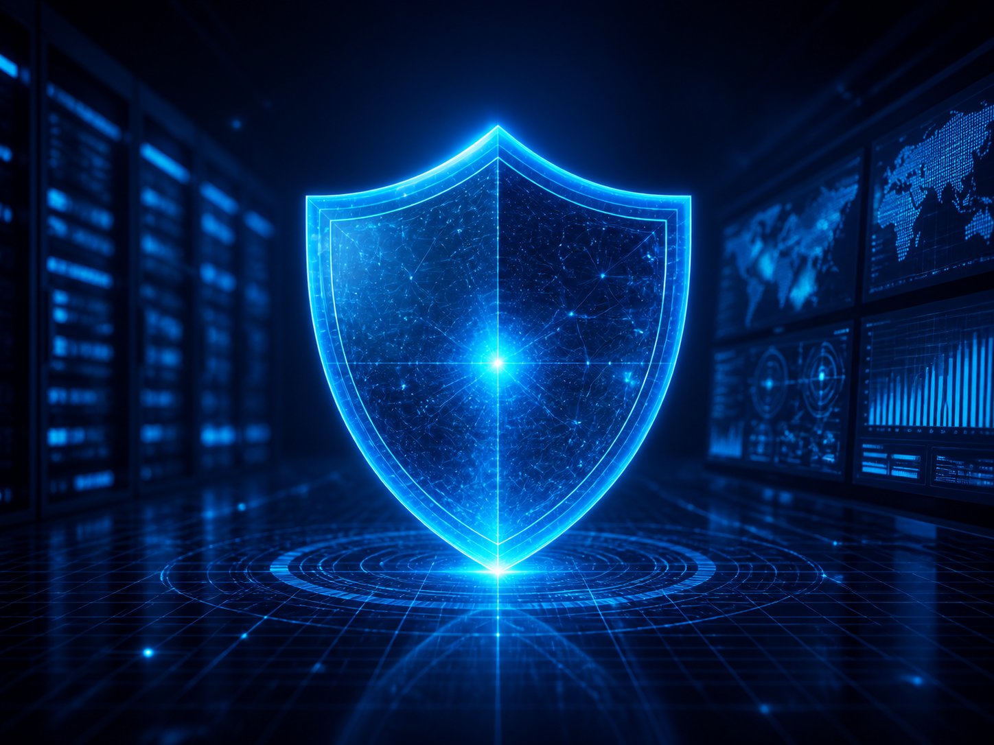 Cybersecurity shield visual over digital network systems