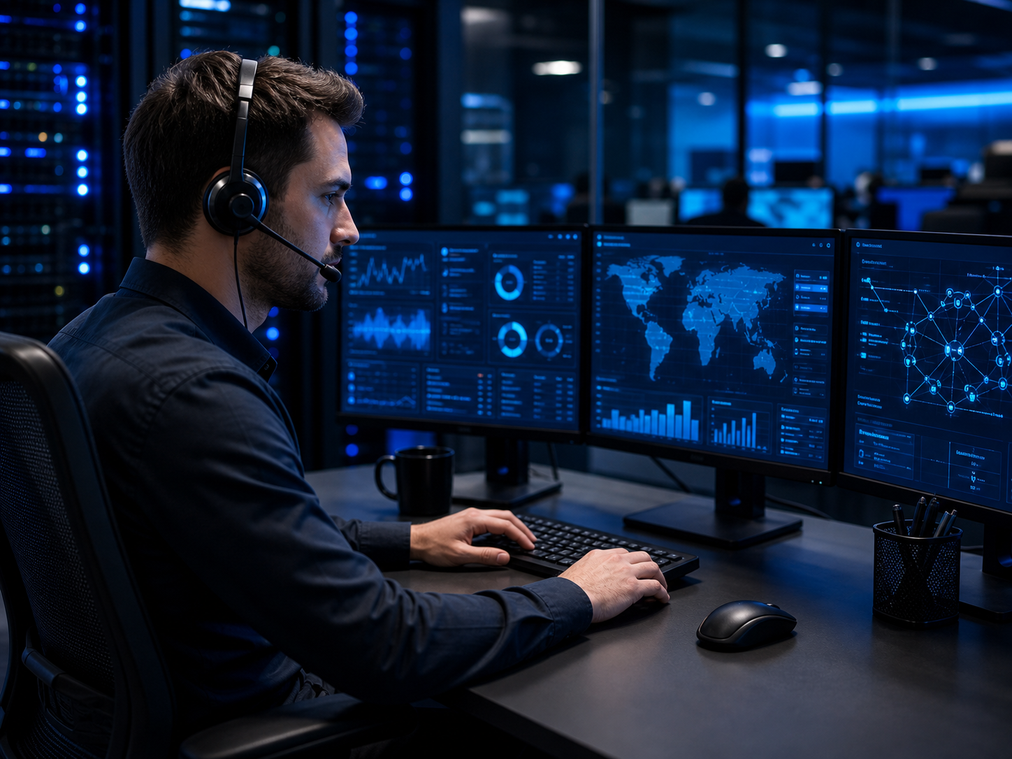 Managed IT support workstation with business technology dashboards